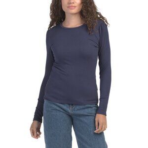 GOLDIE TEE Navy Ribbed Long Sleeve Puff Shoulder Top